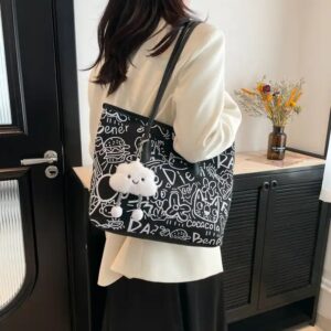 Canvas Bag For Women 2024 New Fashion Shoulder Bag Large Capacity Tote Bag With Pendant - Image 4