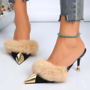 women sandals Extravagant lady fur design half shoes high heel Good quality 36-43 - Image 3