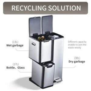 60L Triple Compartment Rectangular Stainless Steel Trash Can with Double Inner Bucket Sorting Slow Close - Image 4