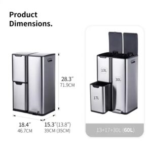 60L Triple Compartment Rectangular Stainless Steel Trash Can with Double Inner Bucket Sorting Slow Close - Image 3