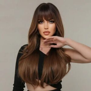 Synthetic Ombre Black To Brown Wigs Natural Blond Wavy Hair Wig for Women Orange-brown Wigs with Bangs - Image 5