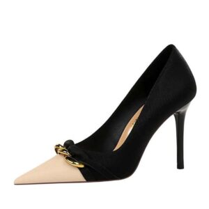 Autumn New Girl's Shoes Stiletto Thin Heels Color Matching Pointed Toe Metal Chain Decoration Women Pumps - Image 6