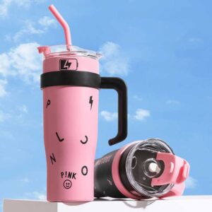 Fashion Black Pink Stainless Steel Thermos Cup Insulated Large Coffee Cup Straw Mug 40oz Tumbler with Handle for Car Travel - Image 3