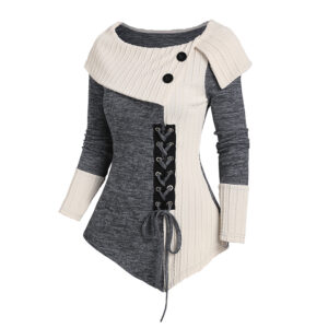 2024 New Women's Long Sleeves Tops Heathered Contrast Lace Up Decor Asymmetric Turn Down Top Mock Button Asymmetric Hem Top - Image 4