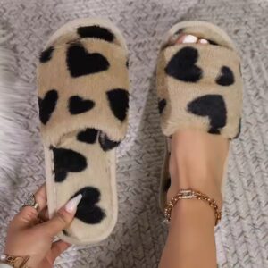 Open toe fashion fur women's shoes slippers flat love heart printed indoor outdoor fuzzy ladies slipper - Image 5