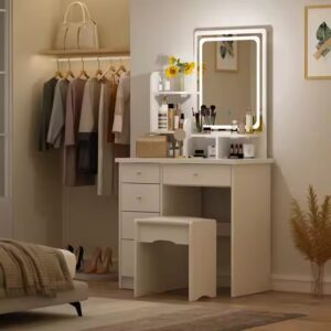 Fancy Bedroom paulownia white black vanity table set with bench stool - Image 3