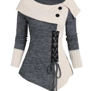 2024 New Women's Long Sleeves Tops Heathered Contrast Lace Up Decor Asymmetric Turn Down Top Mock Button Asymmetric Hem Top - Image 3