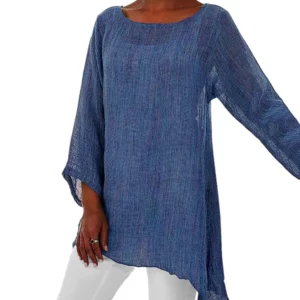 Hot Blouse Women Solid Color Cotton Linen O-Neck Long Sleeve Irregular Tunic Top Spring Summer Oversized Shirts - Image 3