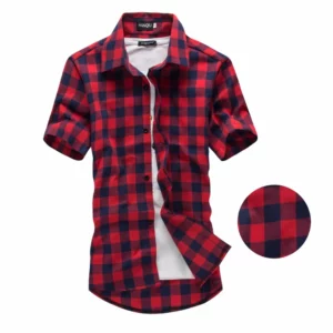 Red And Black Plaid Shirt Men Shirts 2024 New Summer Fashion Chemise Homme Mens Checkered Shirts Short Sleeve Shirt Men Blouse - Image 3