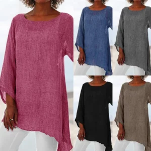 Hot Blouse Women Solid Color Cotton Linen O-Neck Long Sleeve Irregular Tunic Top Spring Summer Oversized Shirts - Image 2
