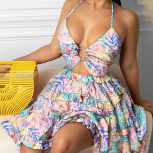 Summer New Printed Halter Neck Mini Dresses For Women Sexy Deep V-neck Hollow Out Backless Leace-up Dress Beach Vestido Feminino - Image 3