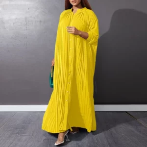 Women Eid Muslim Dresses Stand Collar Single Breasted Dubai Arab Vestidos Ramadan Casual Loose Kaftan Dress Solid Pleated - Image 4