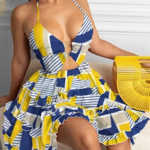 Summer New Printed Halter Neck Mini Dresses For Women Sexy Deep V-neck Hollow Out Backless Leace-up Dress Beach Vestido Feminino - Image 1