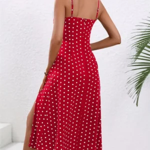 2024 Summer Sexy Spaghetti Straps Dress Women Fashion Polka Dot Print Sleeveless Slit Dress Boho Casual Beach Midi Dresses - Image 2