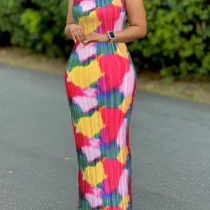 Women's Tie Dye Print Pleated Dress,Summer Spaghetti Strap Bodycon Dress,Vestidos Casual Slimming,Women's clothing - Image 1