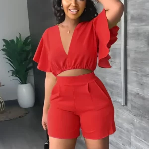 Summer V Neck Short Tops Women's Set Solid Color Fashion Flounces Short Sleeved Casual Shorts Suit Female Office Two Piece Set - Image 4