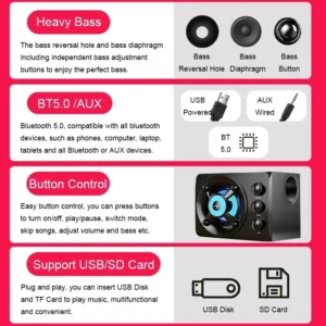 HIFI 3D Stereo Speakers Colorful LED Light Heavy Bass AUX USB Wired Wireless Bluetooth Audio Home Theater Surround Sound Bar TV - Image 6
