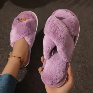 Fashion Cross Strap Fur Slippers Women Indoor Light Warm Plush Home Slippers Woman Faux Fur Flat Heel Couple Slides Plus Size 43 - Image 5