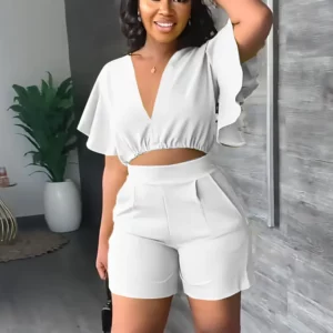 Summer V Neck Short Tops Women's Set Solid Color Fashion Flounces Short Sleeved Casual Shorts Suit Female Office Two Piece Set - Image 5