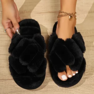 Fashion Cross Strap Fluffy Slippers Women Winter Home Peep Toe Plush Fur Slippers Woman Flat Heel Keep Warm Cotton Slides Shoes - Image 2
