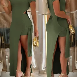 Summer Two Piece Sets Women Fashion 2024 Outfit Solid Round Neck Long Cutout Tied Detail Slit Asymmetrical Top and Shorts Set - Image 2
