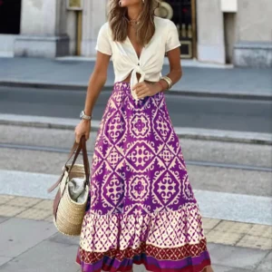boho print maxi skirt women fashion high waist 3D printting long dress casual loose summer high waist skirts for women 2024 - Image 3