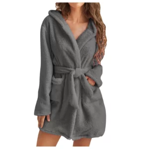 Women Bath Robe Winter Fluffy Plush Pyjamas Ladies Sexy Hooded Dressing Solid Color Gown Warm Bathrobe Female Home Clothing - Image 5