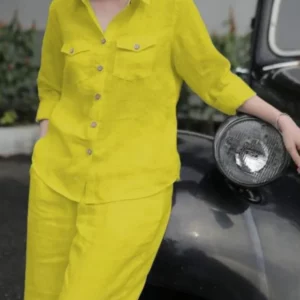 Women Elegant Lapel Neck Long Sleeve Shirt Pants Sets 2PCS Fashion Autumn Outifits Solid Work Trousers Suits Tracksuit - Image 2