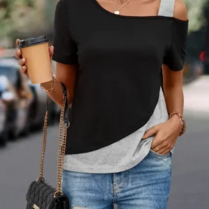 Chic Color Blocking Short Sleeved Women Solid Color Off Shoulder Asymmetric T-Shirt Female Summer Casual Tops - Image 3