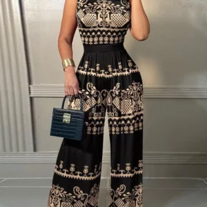 Elegant Women Wide Leg Long Juumpsuit 2024 Spring Summer Fashion Printed Sleeveless Casual Holiday Bodysuits Jumpsuits Trousers - Image 1
