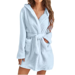 Women Bath Robe Winter Fluffy Plush Pyjamas Ladies Sexy Hooded Dressing Solid Color Gown Warm Bathrobe Female Home Clothing - Image 6