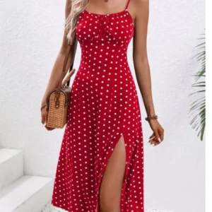 2024 Summer Sexy Spaghetti Straps Dress Women Fashion Polka Dot Print Sleeveless Slit Dress Boho Casual Beach Midi Dresses - Image 1