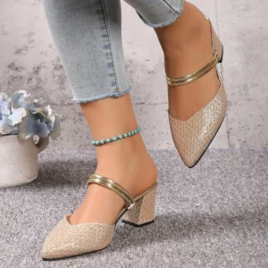 Gold Silver Bling High Heel Pumps Women Fashion Back Strap Slip-On Party Shoes Woman Pointed Toe Slingbacks Thick-Heeled Shoes - Image 4