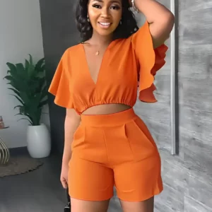 Summer V Neck Short Tops Women's Set Solid Color Fashion Flounces Short Sleeved Casual Shorts Suit Female Office Two Piece Set - Image 3