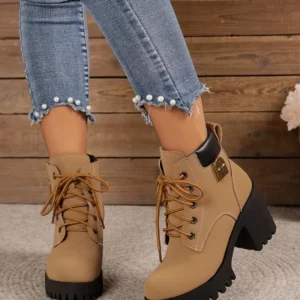 Women Retro Round Toe Chunky Heels Ankle Boots Autumn New High Heels Shoes Woman Lace Up Platform Short Booties Big Size 42 - Image 1