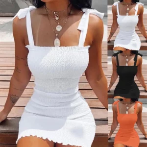 Trendy Solid Strap Short White Dresses Off Shoulder Sexy Skirt Pullover Sheath Mini Summer Beach Female Vest Dress - Image 4