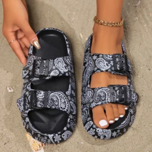 Summer Holiday Printing Soft Women Slippers Vacation Travel Beach Adjustable Double-buckle Sandals Pillow Platform Home Slippers - Image 3
