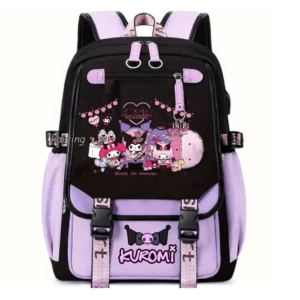 Lovely Kuromi Melody Backpacks USB Cartoon Purple Printed Boy Girls School Bag Students Bookbag Teens Women Mochila Escolar Niña - Image 1