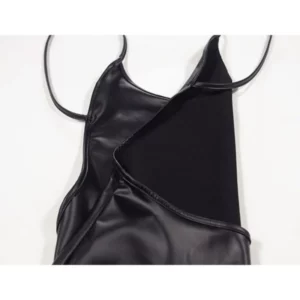 Sexy Faux Leather Dress Backless Club Party Short Dress Solid Black Wet Look Latex Bodycon Push Up Bra Mini Micro Dress - Image 6