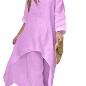 Women's Cotton Linen Long Pants Sets Fashion Solid Casual Irregular Tops Wide Leg Pant Suits Office Lady Two Piece Sets Clothes - Image 5