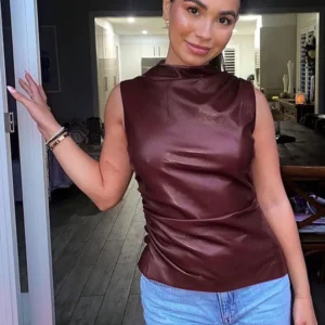 Women Y2K Vintage Pu Simple Basic Tank Top High Waist Skinny Shrunk Slash Cut Sleeveless Tops Versatile Noble Shirts - Image 2
