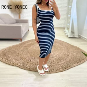 2024 Women Casual Tank Striped Pattern Sleeveless Midi Skinny Sexy Dress - Image 3