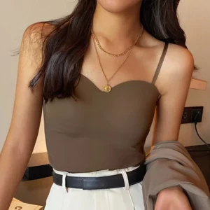 New Solid Color Women's White Top Sleeveless Thin Straps Camisole Summer Tank Top with Cups Summer Ice Silk Comfortable Sling - Image 2
