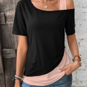 Chic Color Blocking Short Sleeved Women Solid Color Off Shoulder Asymmetric T-Shirt Female Summer Casual Tops - Image 2