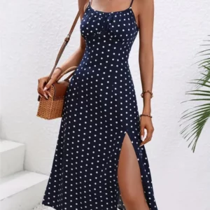 2024 Summer Sexy Spaghetti Straps Dress Women Fashion Polka Dot Print Sleeveless Slit Dress Boho Casual Beach Midi Dresses - Image 3