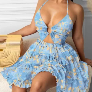 Summer New Printed Halter Neck Mini Dresses For Women Sexy Deep V-neck Hollow Out Backless Leace-up Dress Beach Vestido Feminino - Image 2