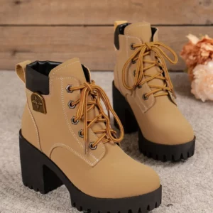 Women Retro Round Toe Chunky Heels Ankle Boots Autumn New High Heels Shoes Woman Lace Up Platform Short Booties Big Size 42 - Image 3