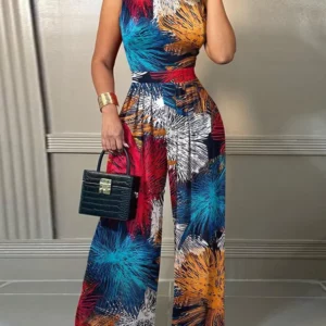 Elegant Women Wide Leg Long Juumpsuit 2024 Spring Summer Fashion Printed Sleeveless Casual Holiday Bodysuits Jumpsuits Trousers - Image 3