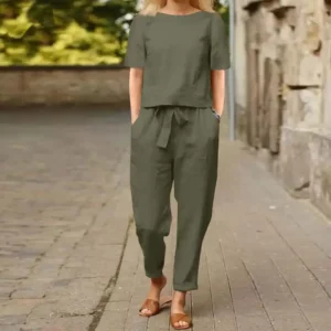 Women's Pullover Shirt And Pants Two-piece Set 2024 Women's Cotton And Linen Summer Suit Short Sleeved O-neck Outfit Pants - Image 4