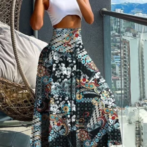 Boho Print Skirts For Women 2024 Summer Casual Elastic High Waist A-line Big Swing Long Dress Vacation Beach Party Skirt Robe - Image 2
